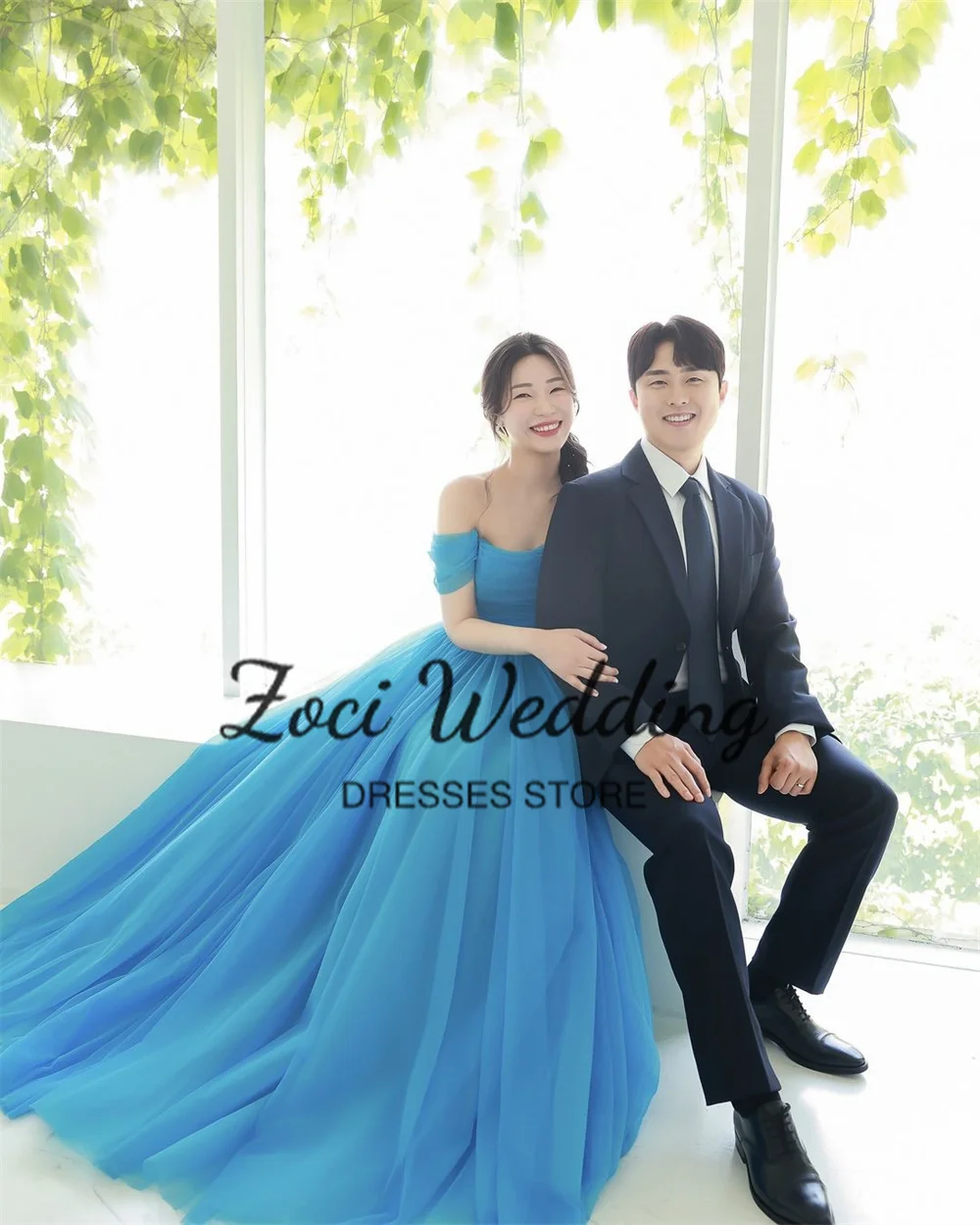 Zoci Prosta Sukienka Ślubna w Koreańskim Stylu A-line z Odkrytymi Ramionami, Tiulowa Sukienka Baśniowa w Kolorze Błękitnym na Występ, Sukienka Koreańska na Sesję Zdjęciową na Zamówienie 웨딩드레스
