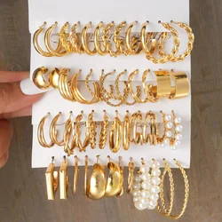 24 Pcs Gold Color Vintage Hoop Earrings Set for Women Girl Boho Pearl Geometric Metal Twist Earring Fashion Jewelry Gifts 2024