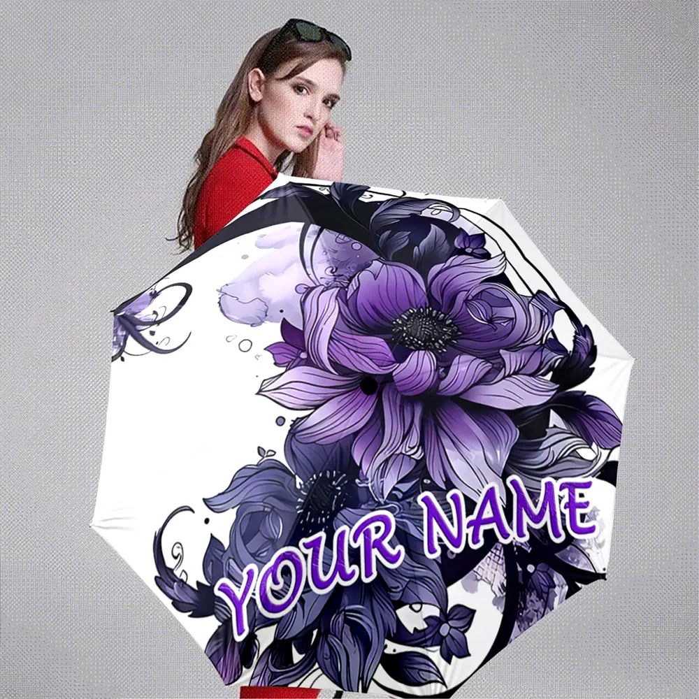 Custom Name Umbrella Purple Floral Design Umbrella with Customizable Text Portable Folding Umbrella,Christmas Gift