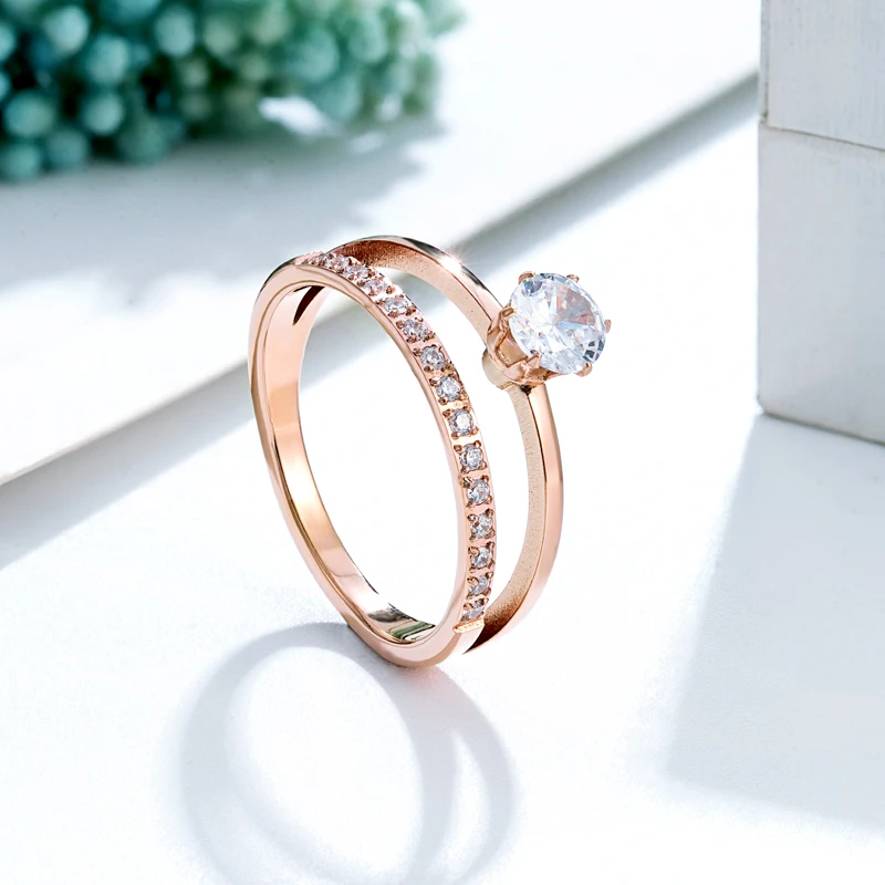 Klassisches Design, Doppelzinken-Set, Kristall- und Zirkon-Ring, Edelstahl, hochwertiger Schmuck, Hochzeitspaare, romantische Geschenke – Detail 5