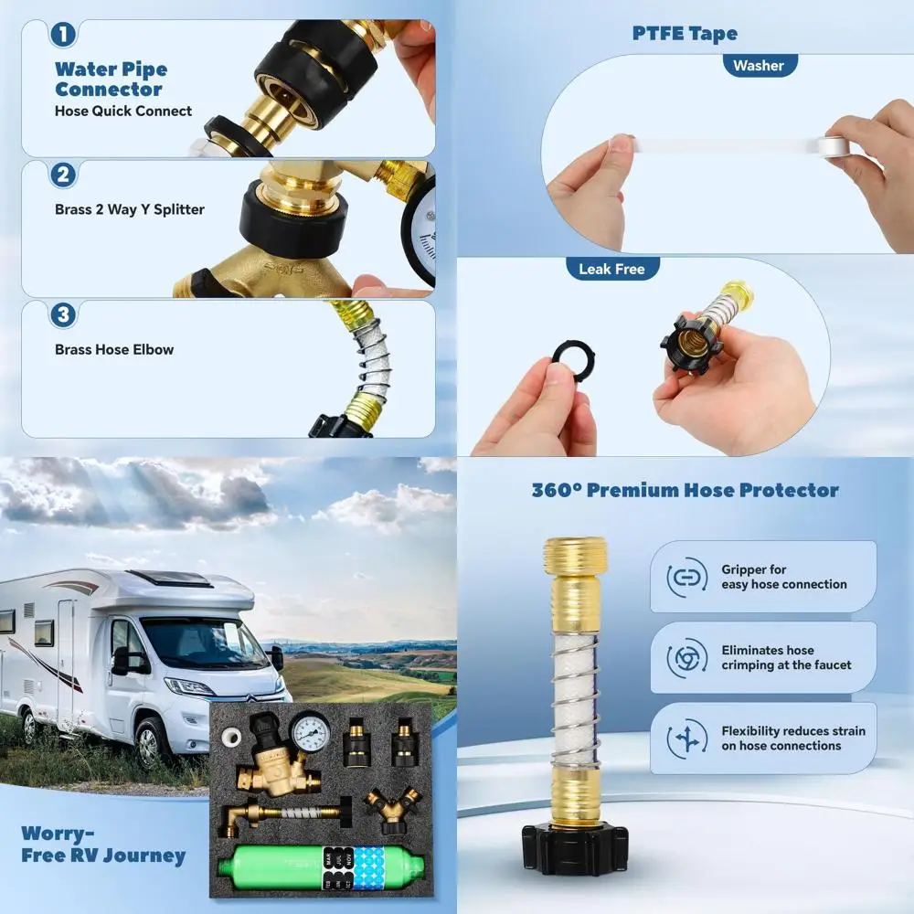 

Комплект пресной воды для автофургонов и кемперов (фильтр для воды для автофургонов с гибким защитой шланга, латунный колено шланга, тефлоновая лента, регуляторы давления воды для автофургонов