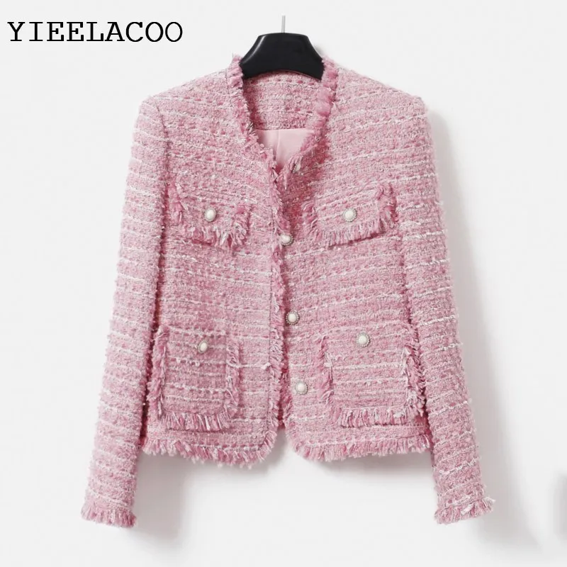 

Pink women's coarse tweed jacket autumn/winter socialite tassel design small fragrant jacket unique classic top