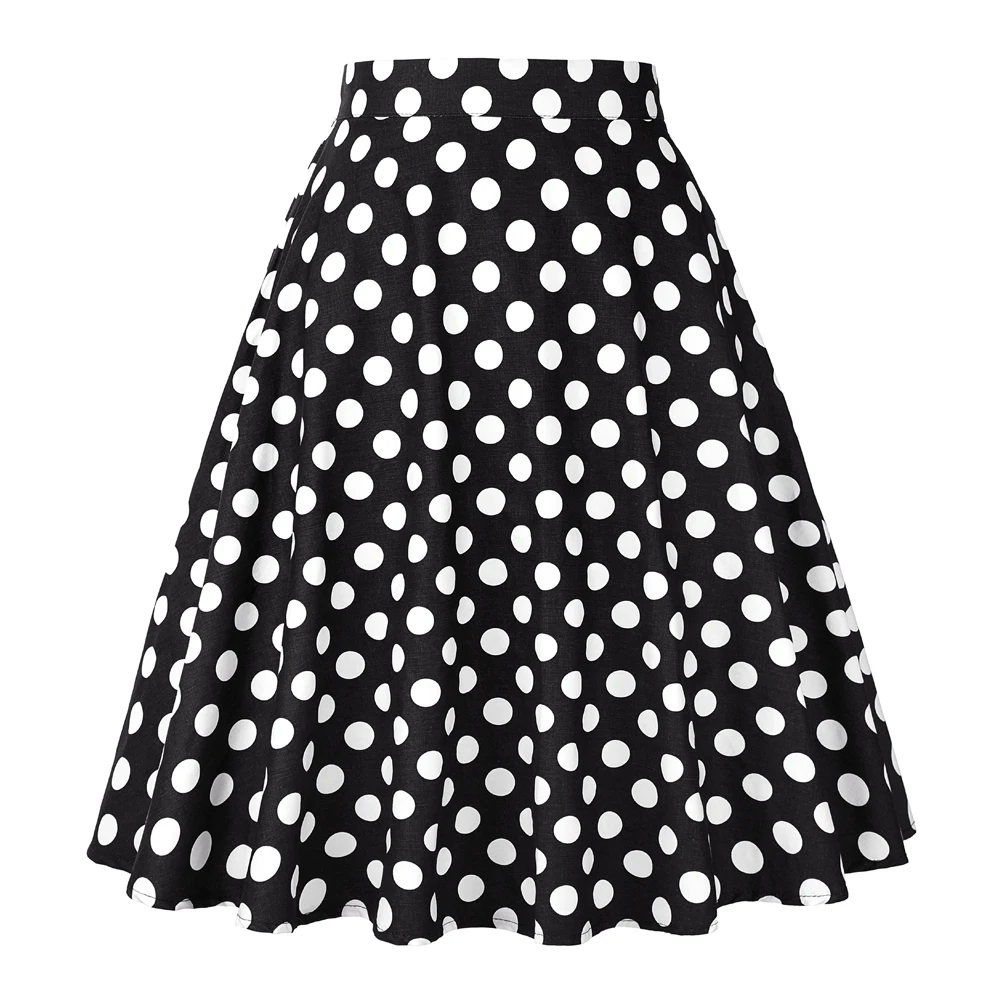 

2023 New Vintage Summer Skirt Cotton Polka Dot Print 50s 60s Pin Up Midi Black Skirts Rockabilly A Line Swing Retro Jupe VD0020