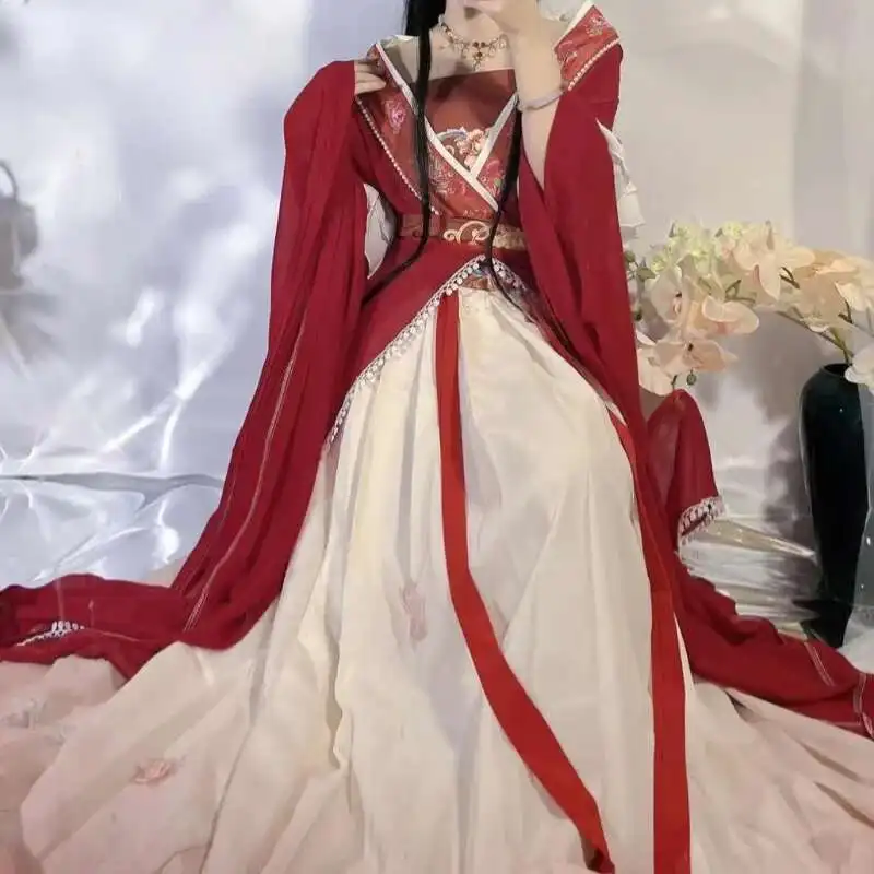 Abito Hanfu Vestido rosso stile cinese retrò Abito cosplay da donna con stampa tradizionale lunga 5 pezzi elegante set gonna da festa per ragazze