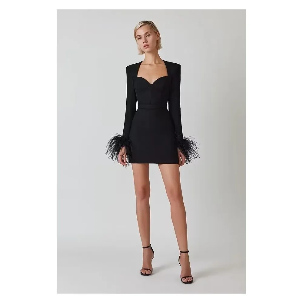 

Sexy Strapless Bandage Dress 2024 New Black Feather Long Sleeve Celebrity Evening Party Elegant Mini Dresses