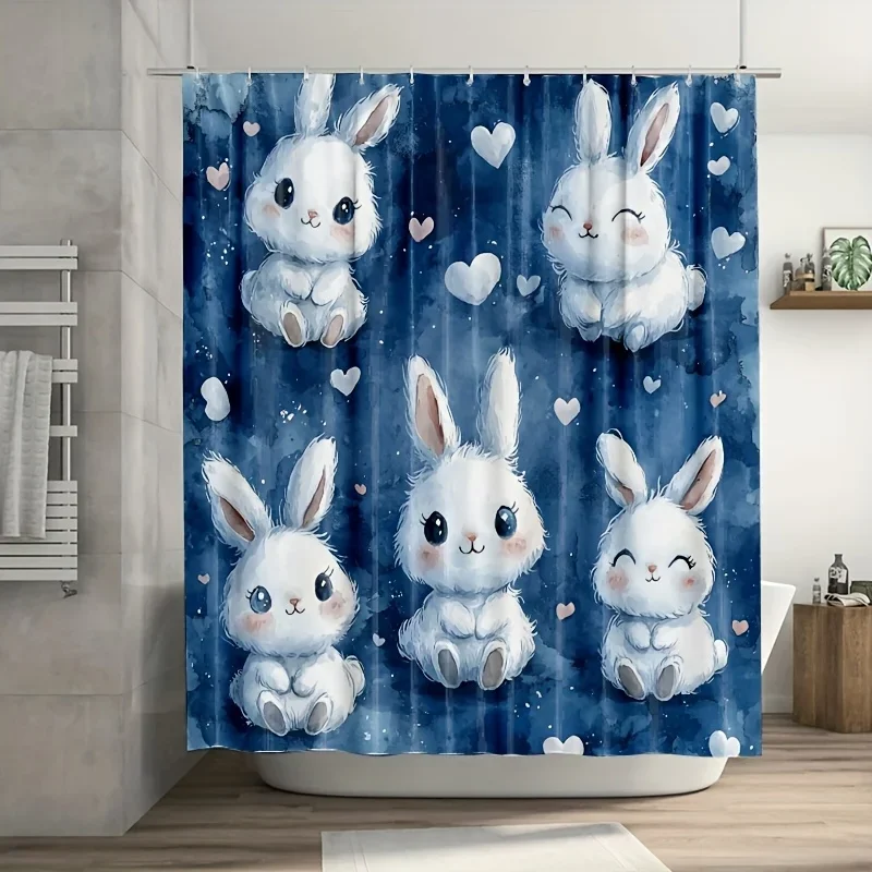 ~O~1pc Kawaii Chibi Animals Shower Curtain - White Fluffy Creatures, Blue Background, Hearts & Stars, 71x71 Inch,Polyester,12 Ho