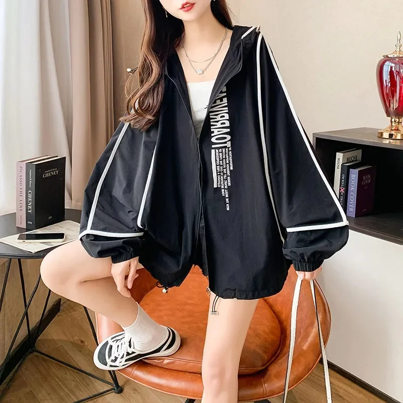 2024 New Korean Fashion Oversized Long Sleeve Hooded Jacket Women Thin Coat Summer Jacket Beach Outdoor Sun Protection Clothing