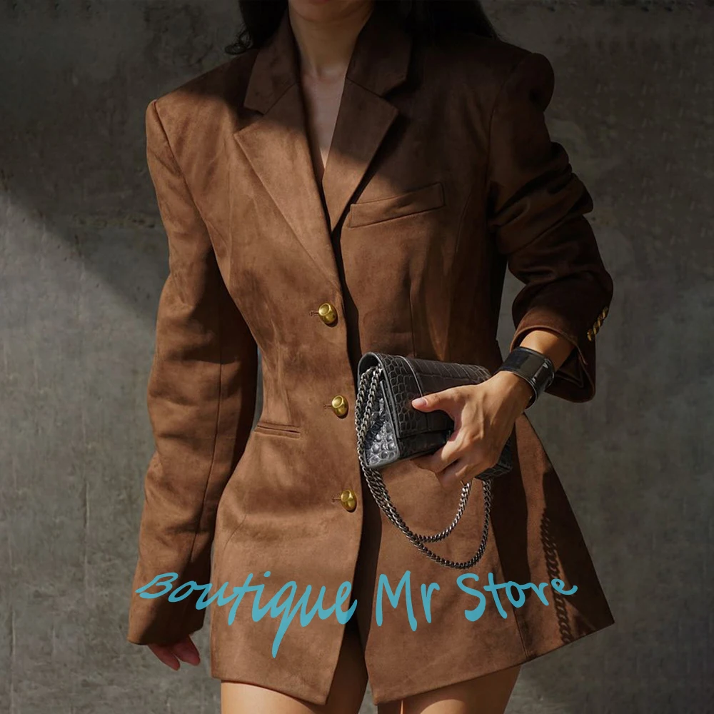 Brown Suede Women's Suit Single-Breasted Notch Lapel Blazer with Gold Buttons 1Piece Elegant Office Lady Outfit Daily Streetwear