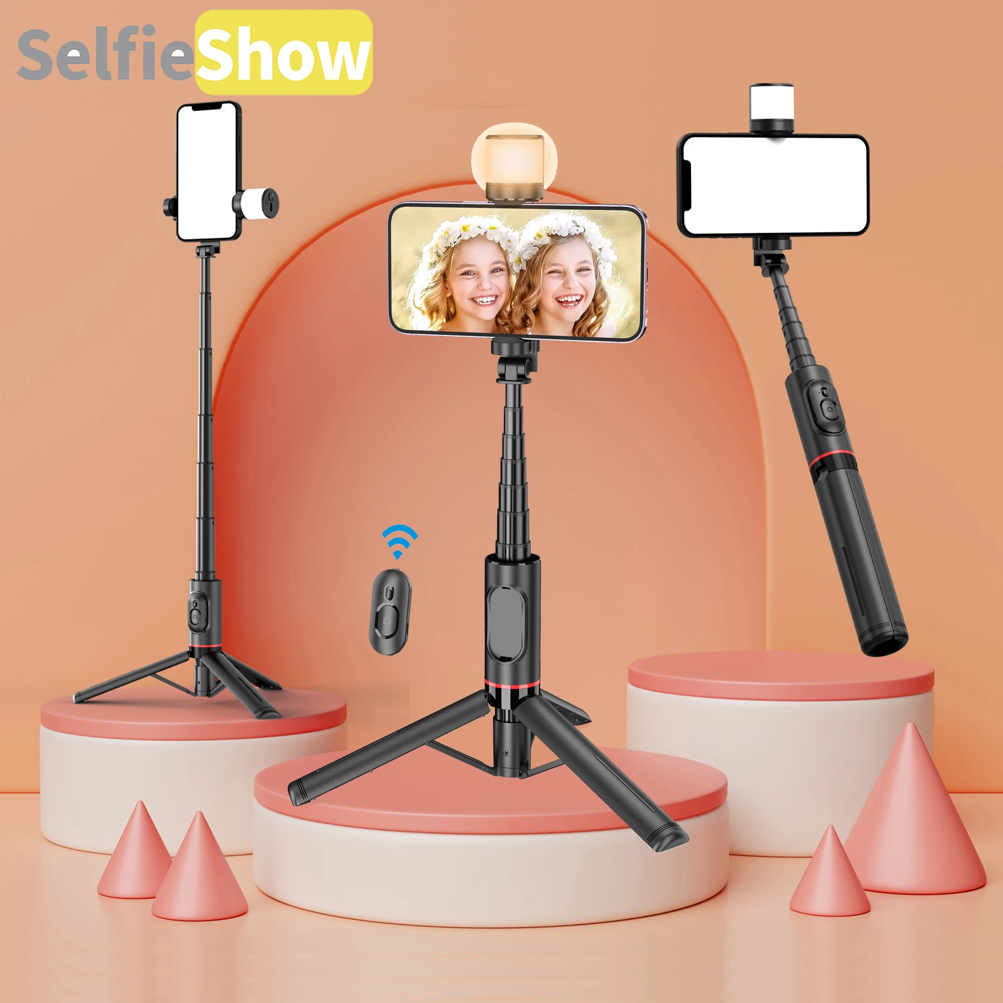 Selfieshow-Trépied de téléphone Bluetooth sans fil, lumière de remplissage télescopique, perche à selfie, stabilisateur pour Huawei, iPhone 13, Android, Xiaomi, Q12 baton telescopique selfi pour téléphone perche à self