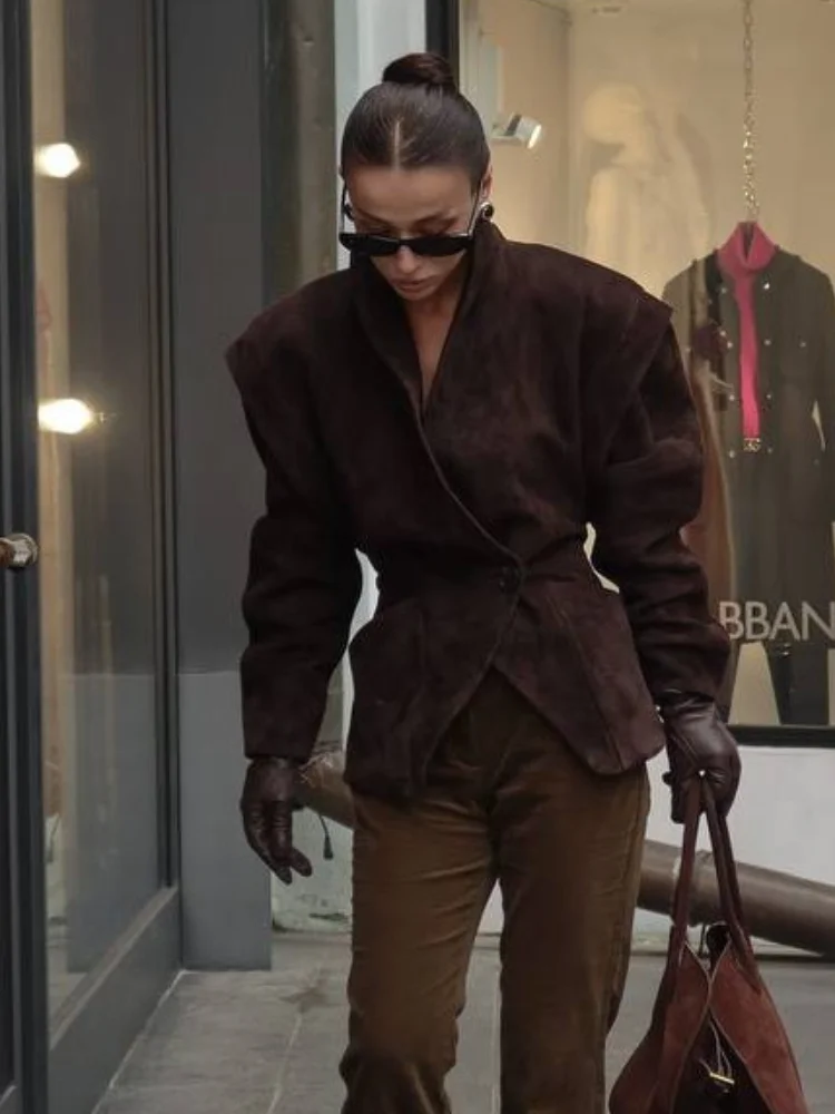 

2025 Women's Autumn Suede Jackets Solid Waist Cinching Coat with Shoulder Pads Lapel Long Sleeves Street Lady Fashion Outerwear