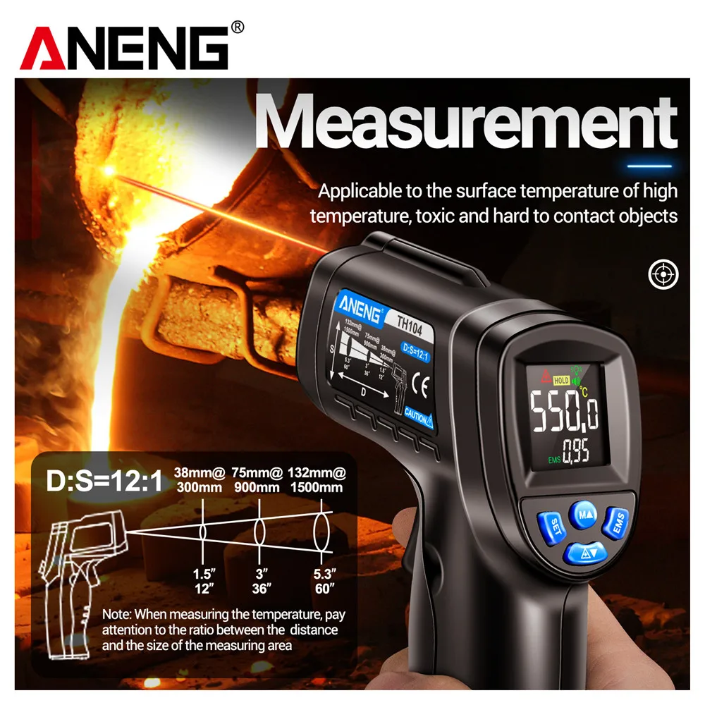 

Цифровой инфракрасный термометр-пистолет ANENG TH104, бесконтактный измеритель температуры -50~550°C ℃ Промышленные лазерные инструменты с регулируемой эмиссией