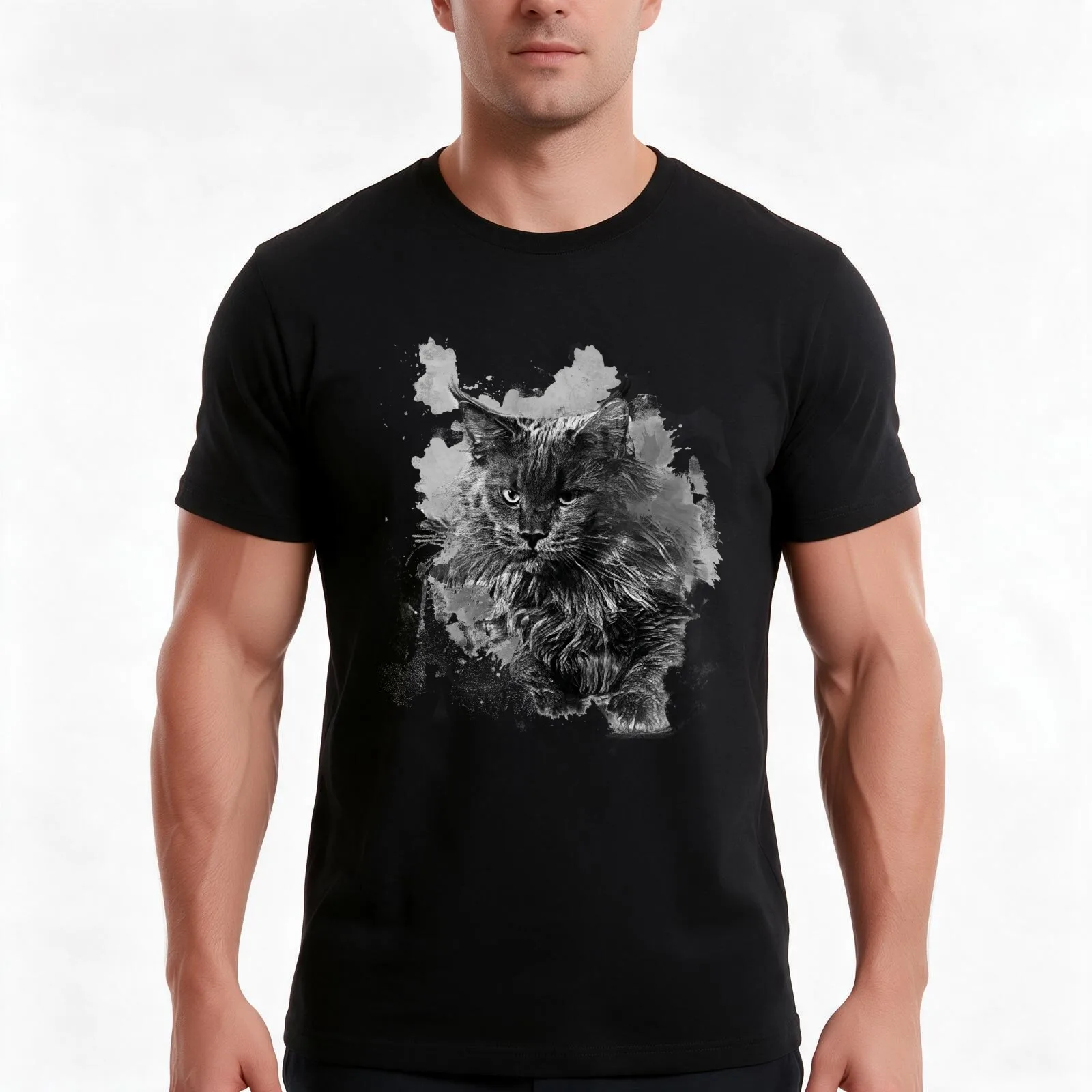 Maine Coon in Art T-Shirt, Summer Casual Cotton Tee, Oversized Streetwear Tops, Vintage Graphic Print, Loose Fit Short Sleeve