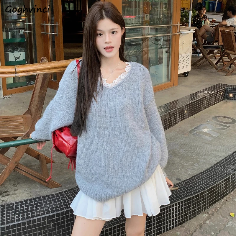 

Pullovers Women O-neck Lace Patchwork Ins Knitted Lazy Style Loose Fit Autumn All-match Trendy Korean Fashion Gentle Stylish