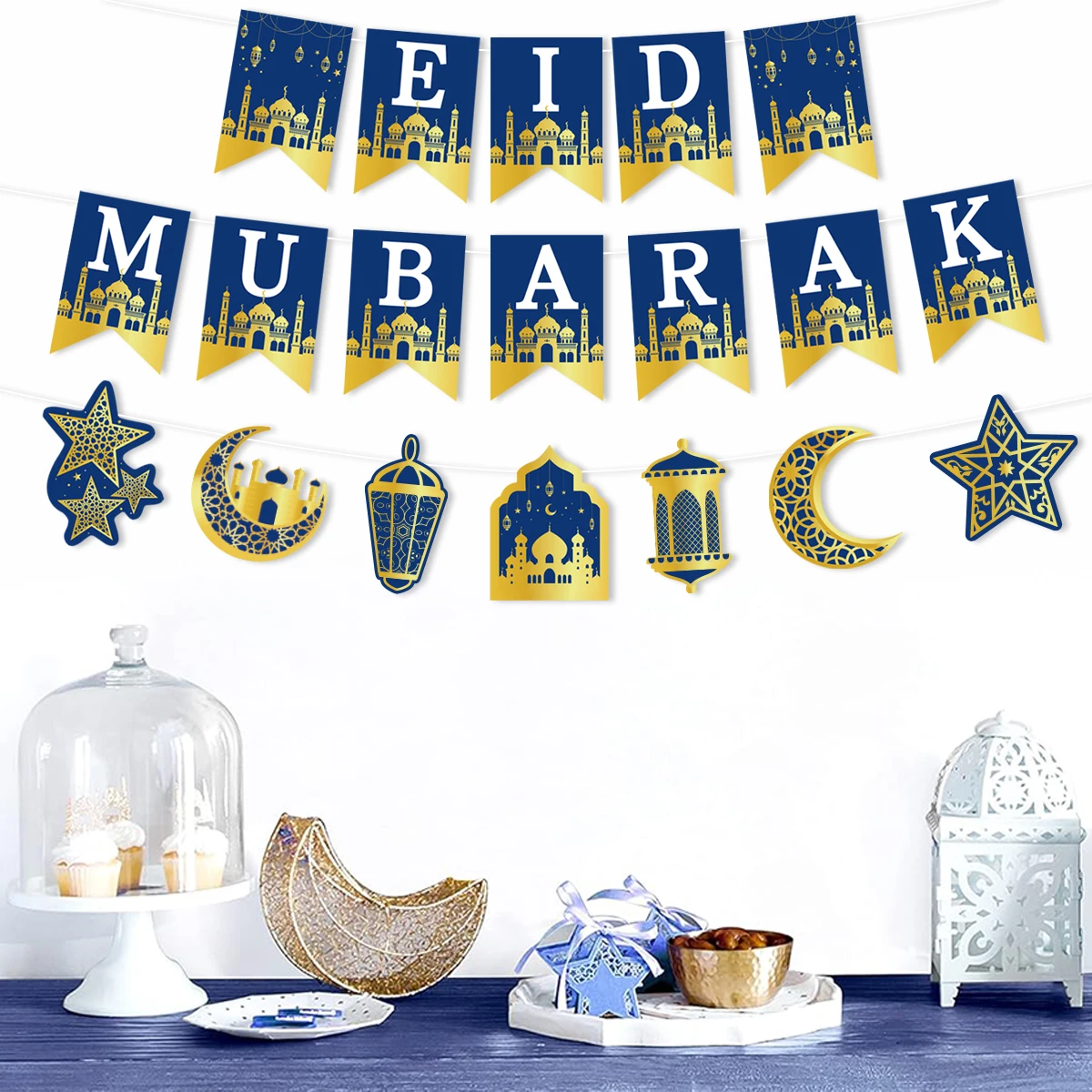 EID Mubarak ตกแต่งกระดาษแบนเนอร์ Ramadan Decor 2025 สําหรับ Home แบนเนอร์ Ramadan Kareem อิสลามมุสลิม Eid Al Adha ของขวัญ