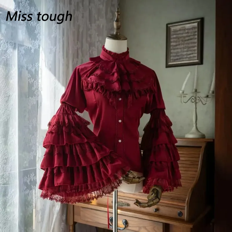 الشتاء اليابانية لوليتا نمط الصلبة النساء البلوزات نفخة الأكمام أنيقة الدانتيل قمصان Y2k الجمالية الحلو القوس JK الشيفون تصميم القمم #3