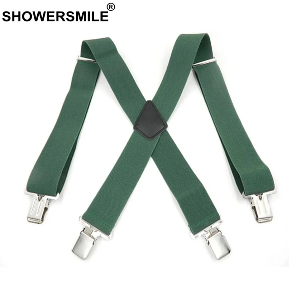 

SHOWERSMILE Green Men Shirt Suspenders Wide 5cm Mens Braces 120cm 4 Clips Adjustable Leather Trousers Strap Gift For Boyfriend