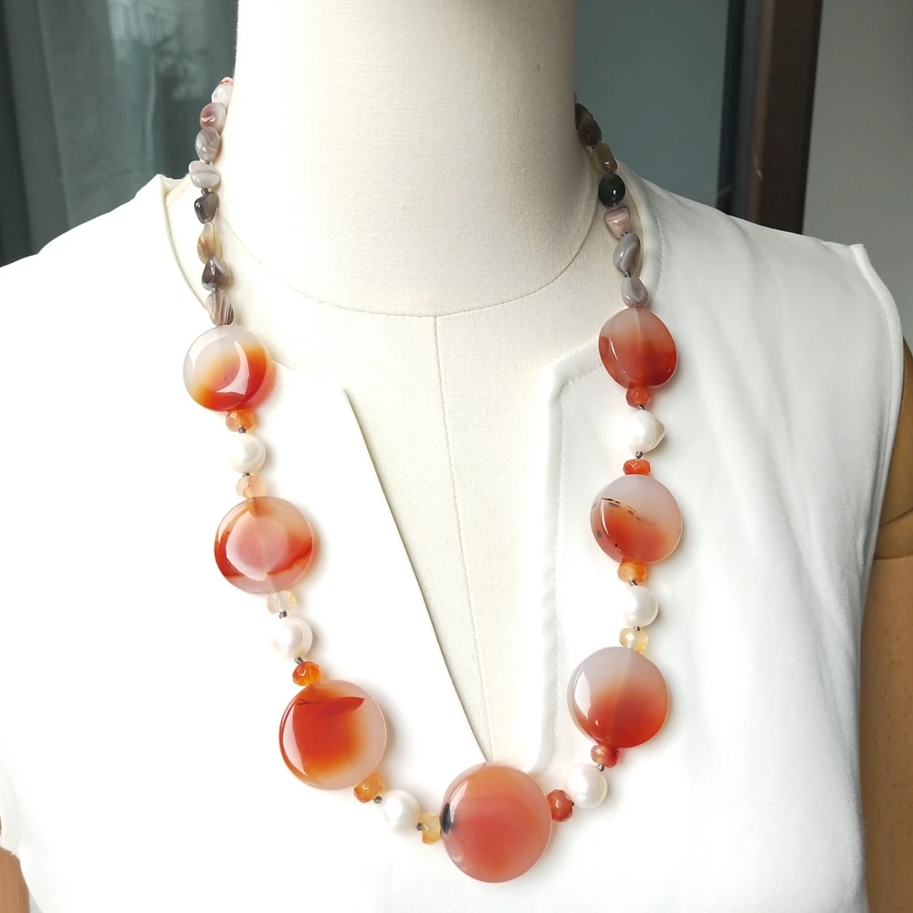 Lii Ji Real Stone Agate Pearl Necklace 68cm Women Necklace Jewelry Gift