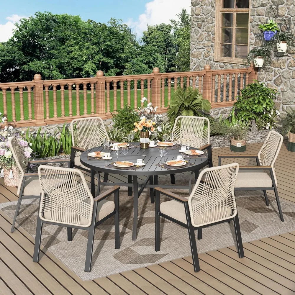 

7 Pieces Outdoor Patio Dining Set, Wicker Patio Dining Set of 6 Rattan Chairs with Soft Cushion and 54" Round Table with Umbrell