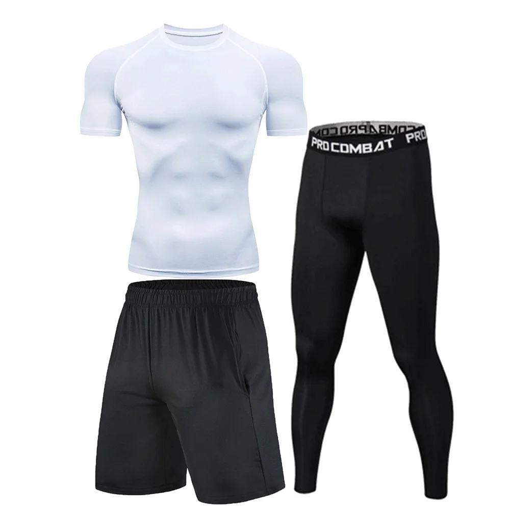 Men's Sports Comfort Sheath Set Running Training Rash Protection Fitness Black And White Solid Color Three-Piece Set Breathable