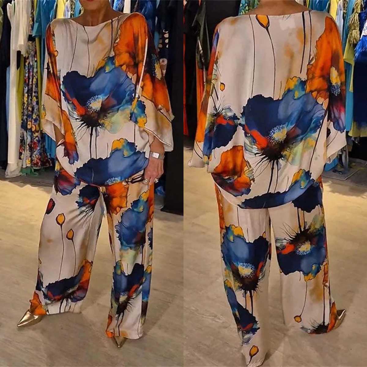 Summer Printed Two Piece Sets Fashion Satin Suits Round Neck 3/4 Sleeved Top Wide Leg Pants Casual Urban Sexy 2PCS Spring  2024