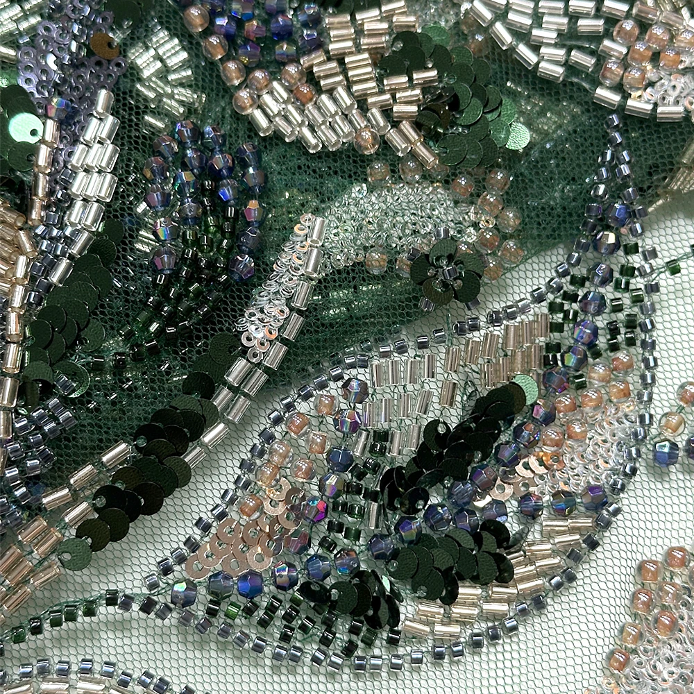 2025 Luxury French net embroidered beaded lace fabric Nigerian bridal sequined beaded tulle lace fabric wedding party dress