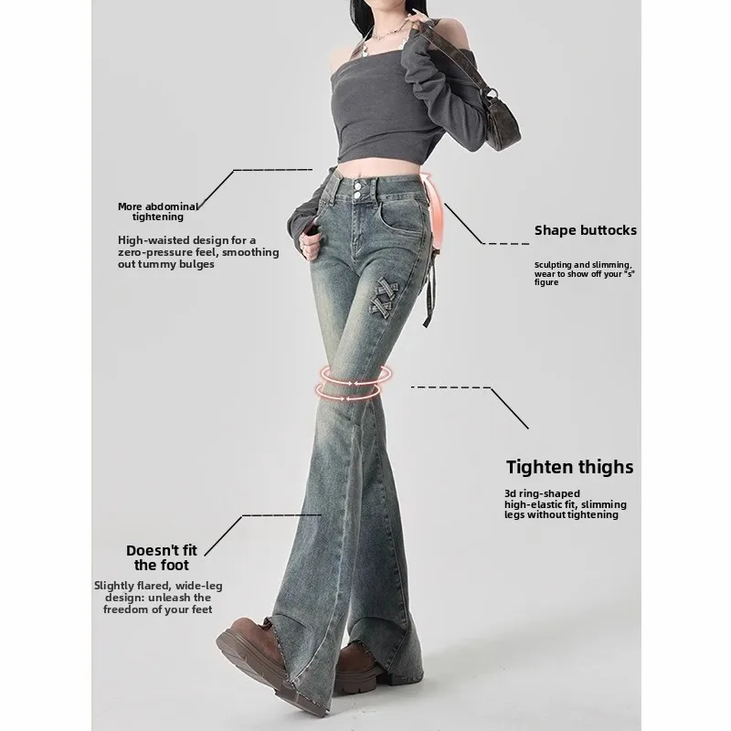 High-waisted And Slightly Pulled Jeans For Women's 2025 Summer Trend Versatile Bow Design Sense Slim-fitting And Thin Flared