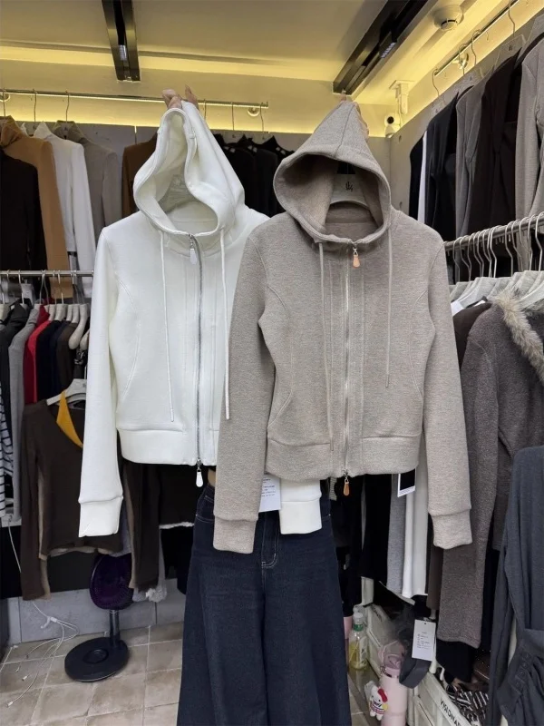 Thickened Double Head Zipper Hoodie Jacket Women's Casual Slimming Versatile Open Cardigan Top Korean Style Autumn Winter ...