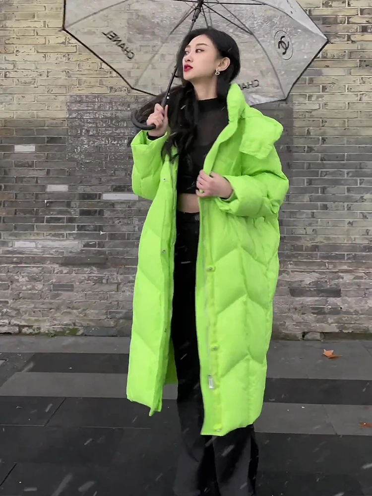 루즈핏 롱 한국 스타일 여성용 다운 재킷, 화이트, 무릎 아래까지 오는 패셔너블한 겨울 외투, 메모리 원단