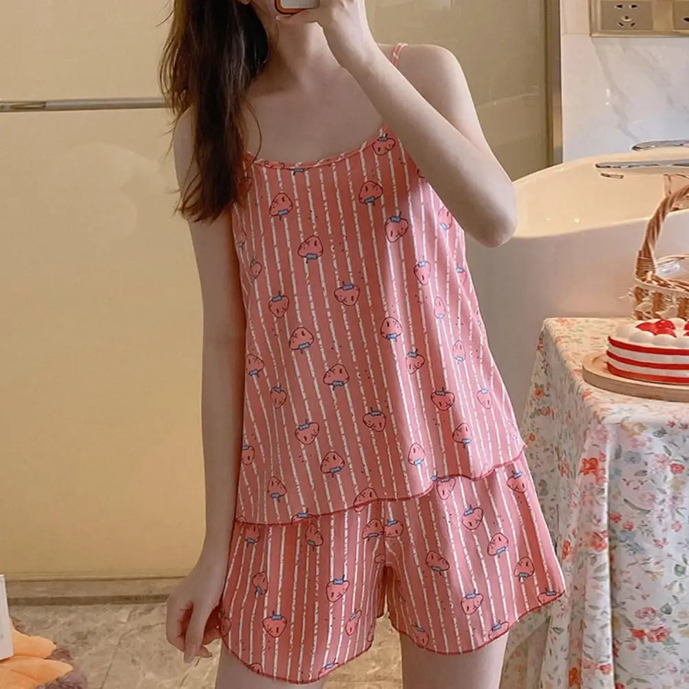 Cartoon Print Pajama Set Sleeveless Summer Tank Top Sleepwear Set Girl Sling Vest Wide Leg Shorts Loungewear Camisole Shorts Set