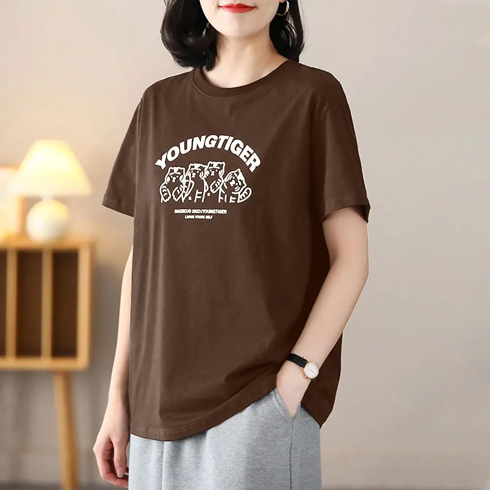 Y2k Cotton O Neck Short Sleeve Tees Tops Female Young Tiger Harajuku Print Casual Joker Skinny Summer Brown T Shiirt Women