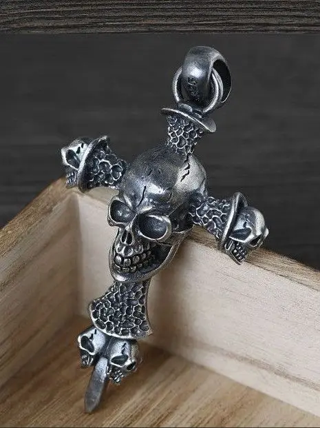 Retro Skull Pendant Cross Necklace 925 Silver Bold Unisex Punk Sweater Chain Accessory  out Fashion Jewelry Pendant