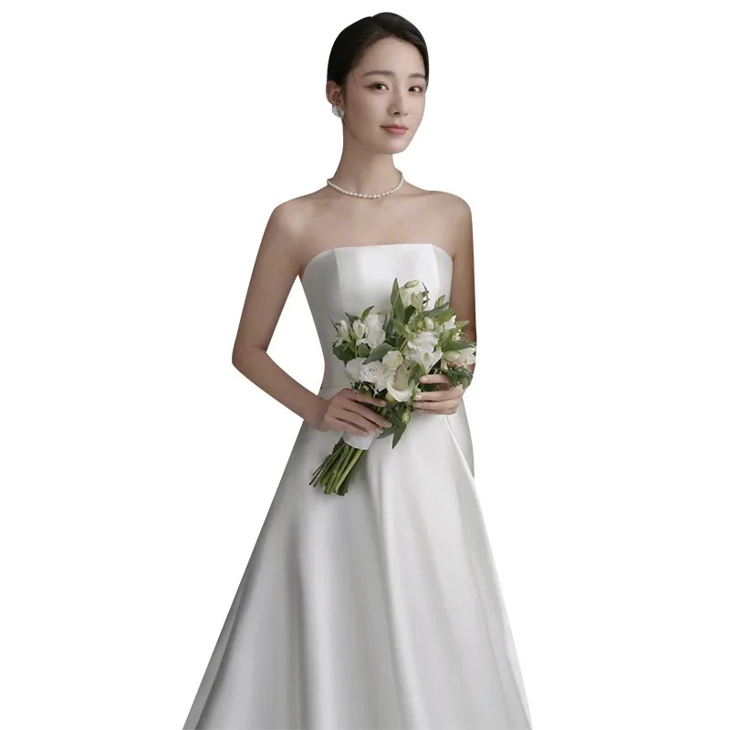 GIYSILE Simple Bridal White Dress  Wedding Dress Korean Satin Tube Top Welcome Dress Tailing Light Wedding Dresses for Women