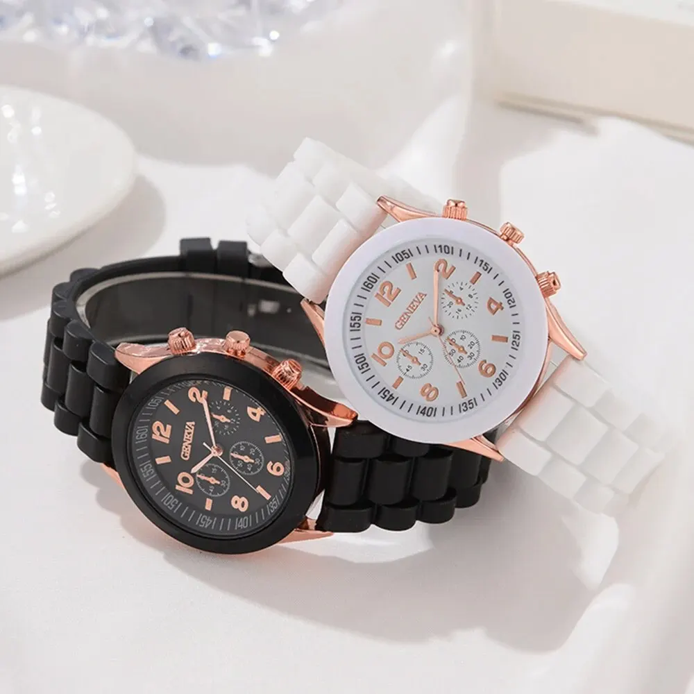 2Pcs Luxury Women\'s Watch Set Fashion Luxury Elegant Alloy Wristwatch Silicone Strap Couple Watch Men Quartz Holiday Gifts