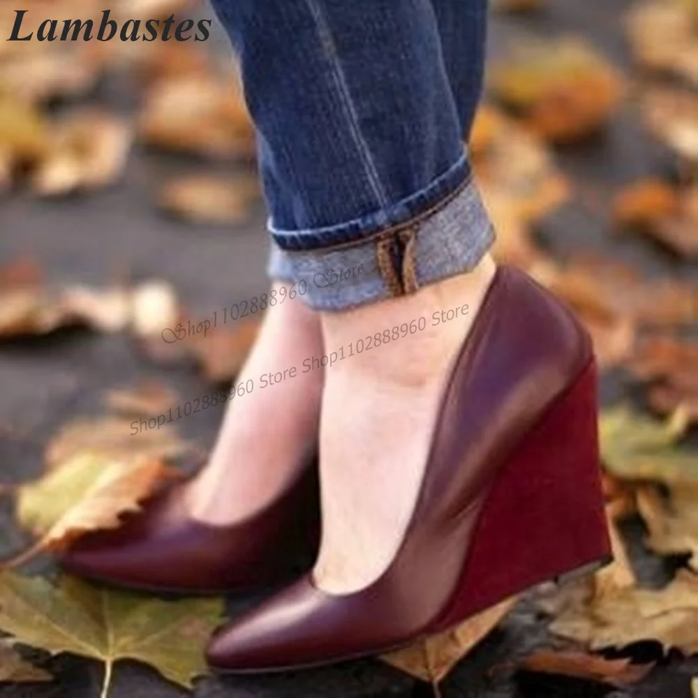 Graceful Burgundy Matte Leather Pumps Cover Heel Wedges Heel Women Shoes Slip- On Pointed Toe 2023 Fashionable Zapatillas Mujer