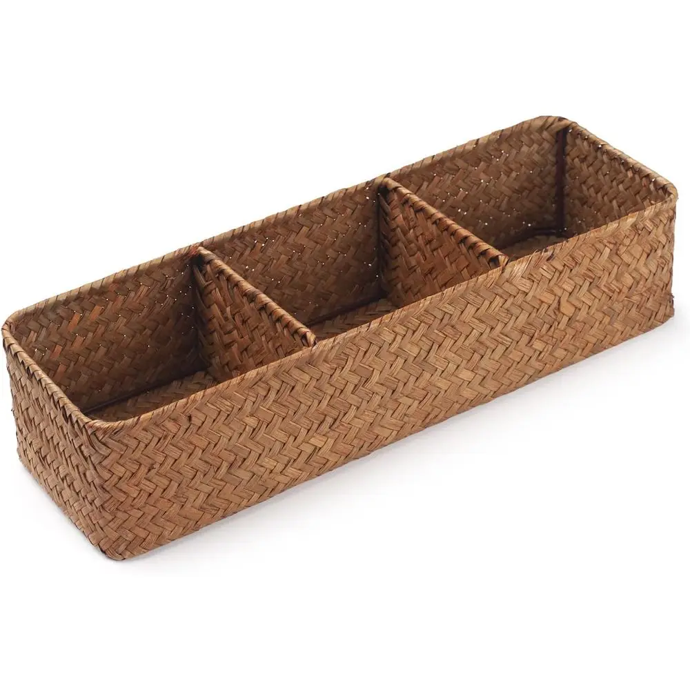 

3-Section Woven Seagrass Baskets with Compartments, Natural, 14.6 x 4.7 x 3.1