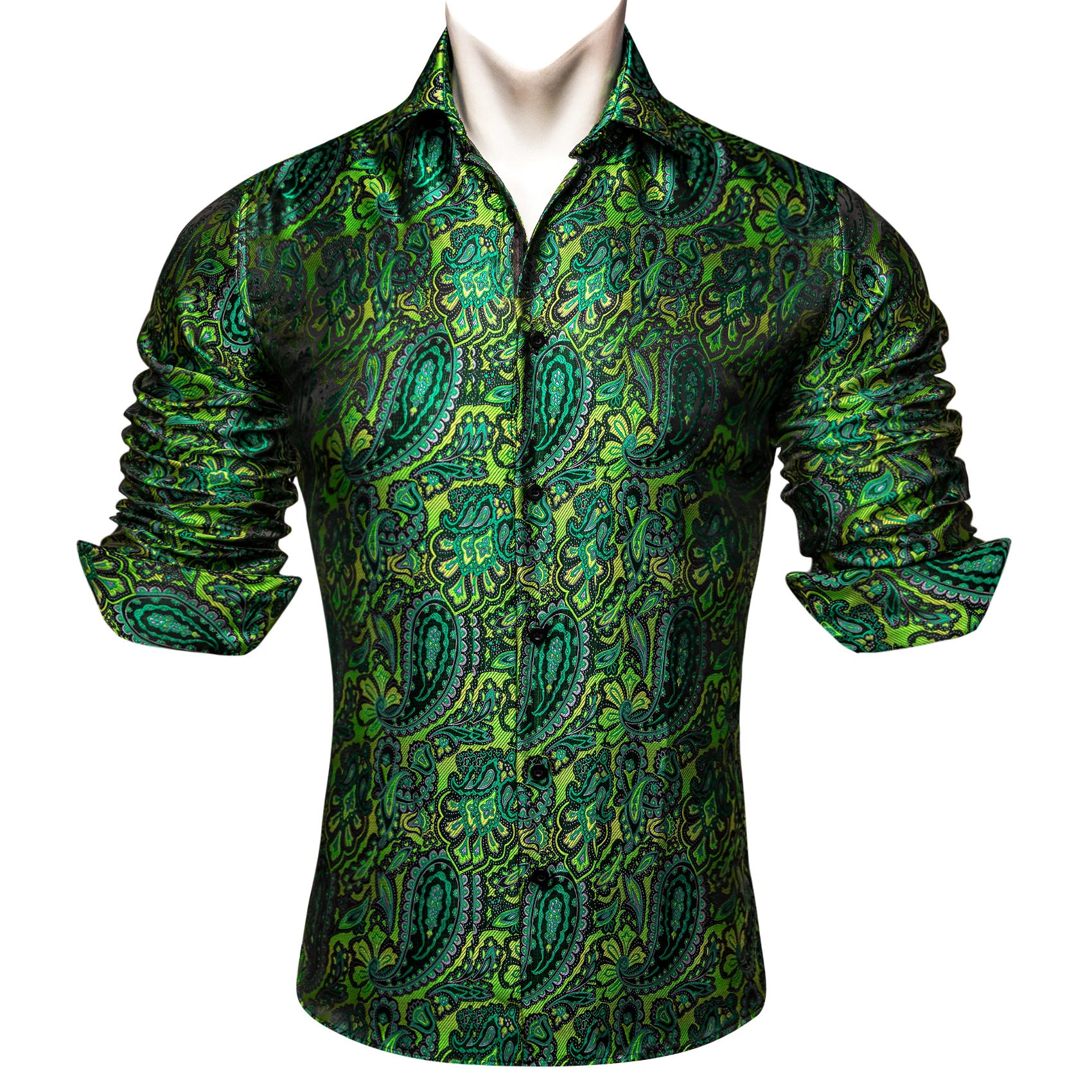 Luxury Shirts for Men Long Sleeve Silk Green Flower Slim Fit Male Tops Casual Button Down Collar Bloues Breathable Barry Wang