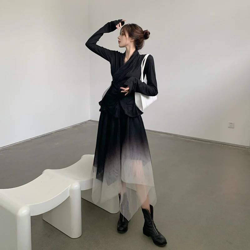Dark Chic Gauze Japanese Irregular Black White Skirt 2025 New Fashion Girl Spring Autumn High Waist A-line Versatile Long Skirts