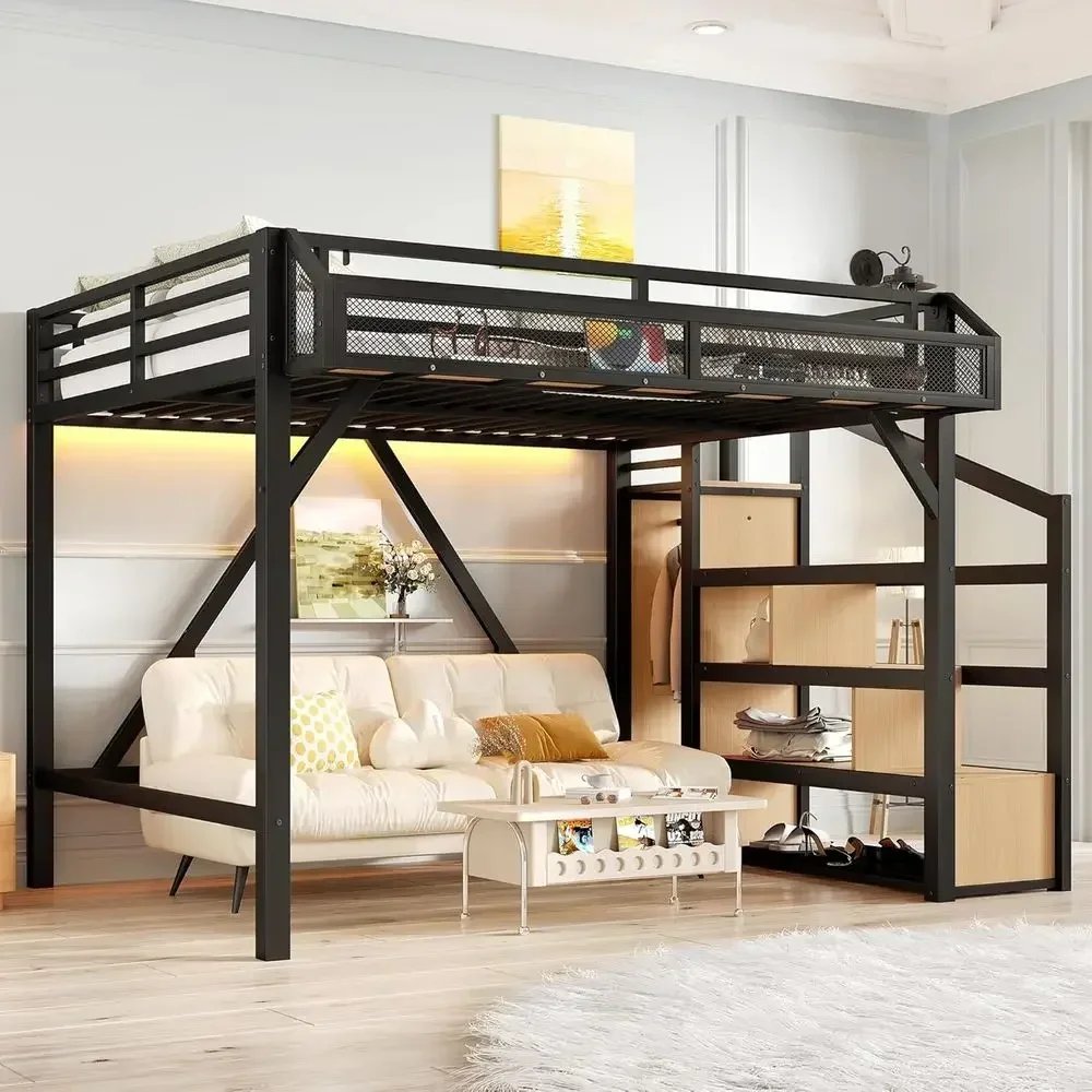 Storage Beds with Shelves and Wardrobe, LED Light & USB Port Metal Beds, Heavy-Duty for Teens & Adults, Noise-Free & Space-Savin