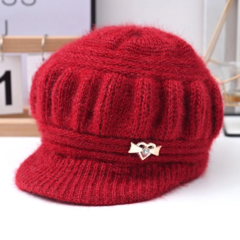 1 Stück Damen Flauschige Gestrickte Newsboy-Mütze mit Strass-Herz-Schleifendekor, Warme Winter-Baskenmütze, Damen Casual Outdoor Beanie-Mütze