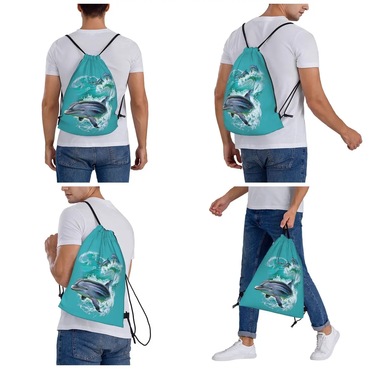Dolphins Catching Waves Backpacks Casual Drawstring Bags Sports Bag Book Bags for Man Woman Students