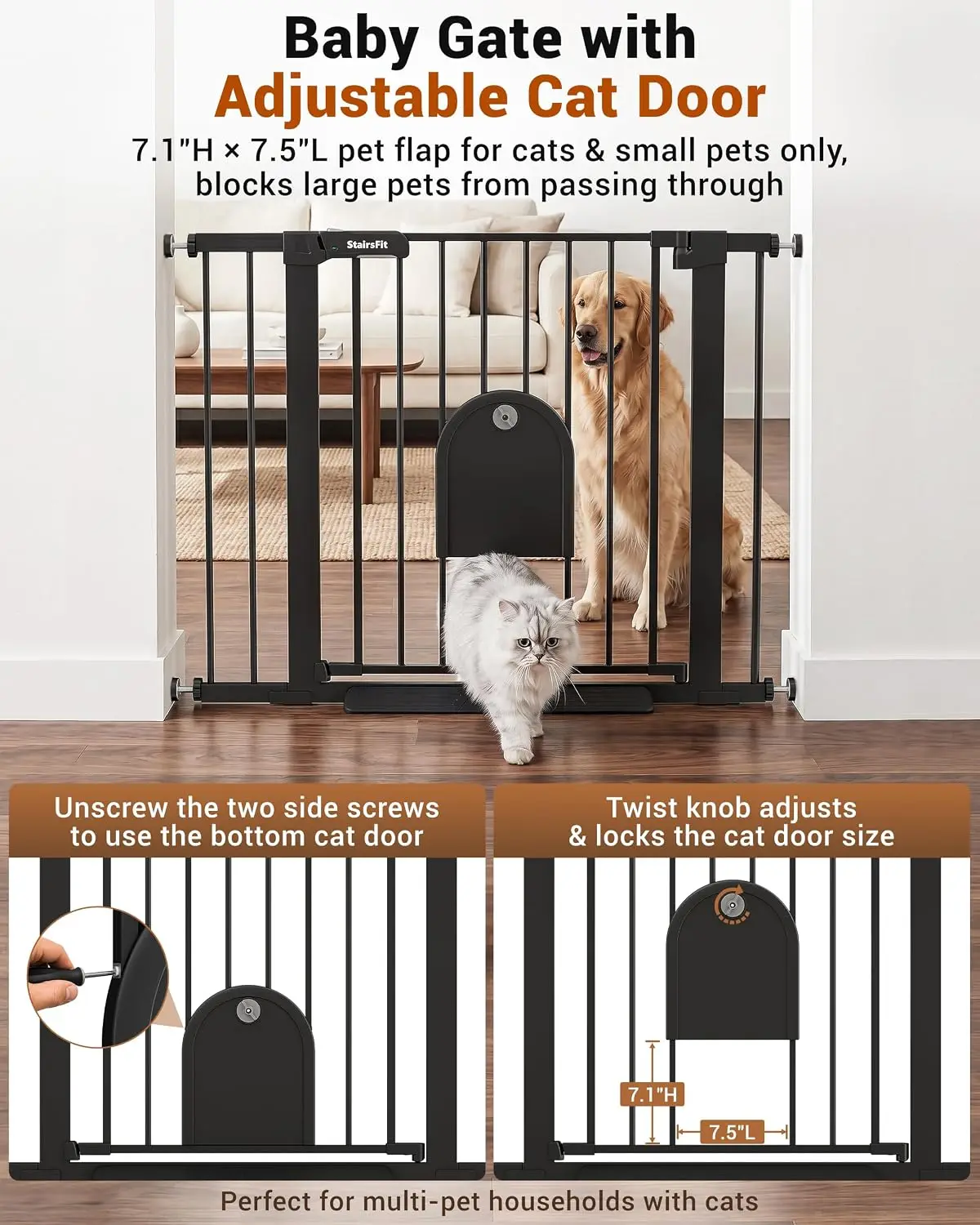 2952 Inch Extra Wide Baby Gate Cat Door Stairs Doorways No Drill Pressure Mount Auto Close Y Adapters Round Banisters One Hand L