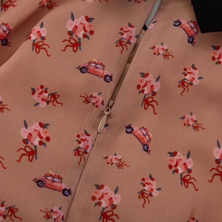 جديد المتناقضة اللون الطباعة فستان فرنسي المرأة مطوي التلبيب الياقة كم طويل مزاجه عالية الخصر تنورة كلمة #5