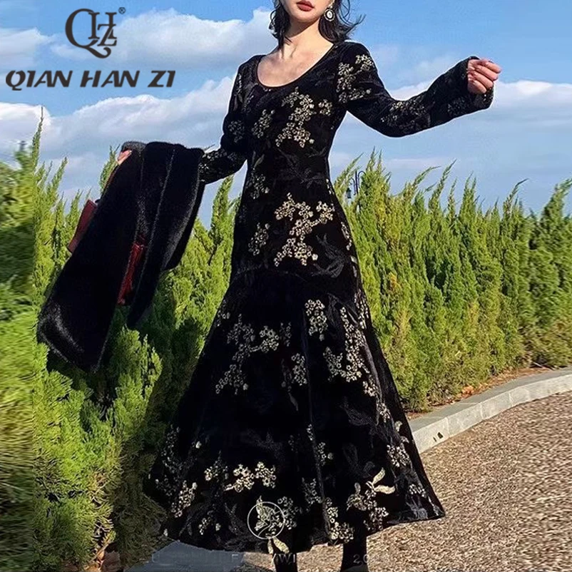 

QHZ Autumn Winter New High end Customized Gold Thread Embroidered Velvet Long Dress Women retro luxury party slim Maxi dress