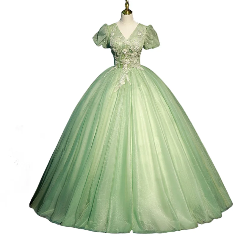 Customized Lime Green Sweet 16 Dresses For Prom Short Sleeve Applique Beaded Ball Gown Occasion Party Dress Quinceanera Wear