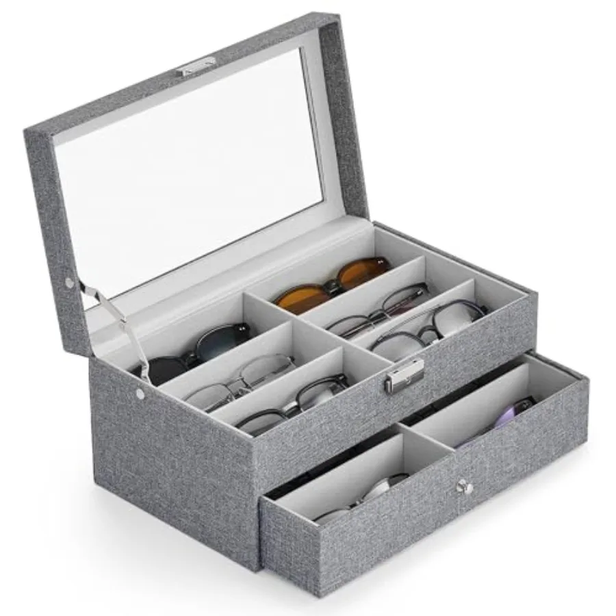 

Sunglasses Organizer with 12 Slots, Eyeglasses Storage Box for Women Men, 2 Story Lockable Display Case for Multiple Glasses, S