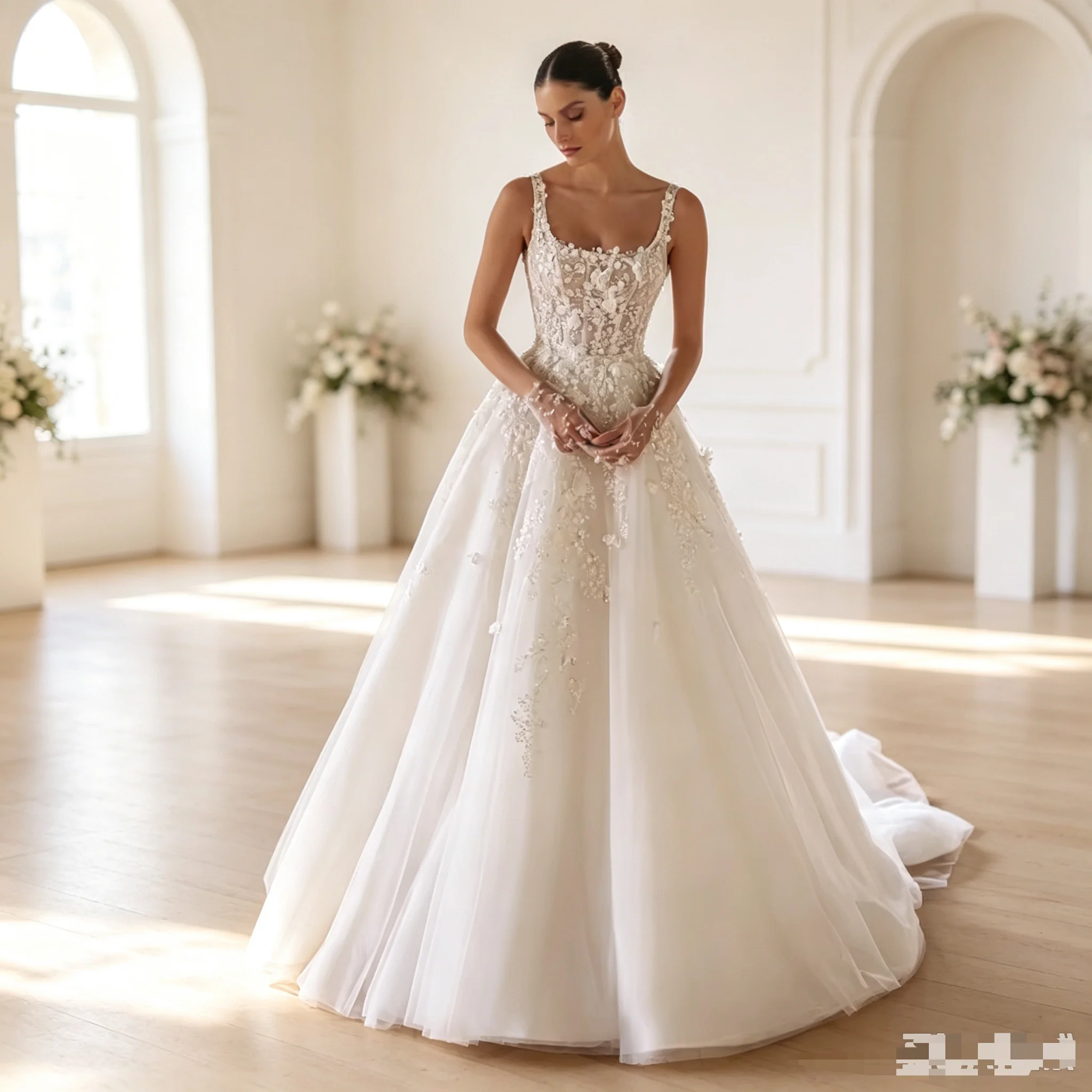 Elegant Square Neck Tulle Wedding Dress 3D Floral Appliques A Line Bridal Gown White Long Train Custom Made Vestido De Novia