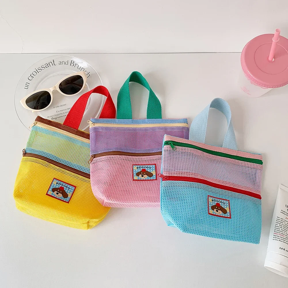 Damen-Kosmetiktasche aus Mesh mit Farbblock-Design, Tragegriff und süßem Applikationsmotiv, kleine Kosmetiktasche für die Aufbewahrung von Reiseutensilien im Alltag – Detail 6