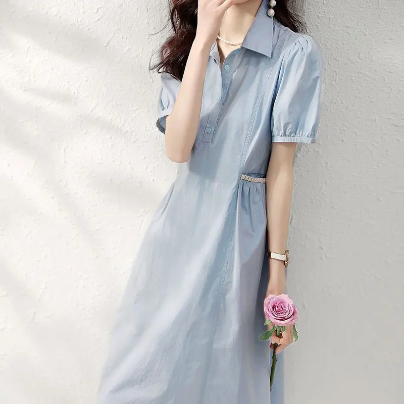 Stylish Korean Solid Color A-Line Midi Dress Women\'s Clothing Casual Turn-down Collar Button 2023 Summer Pockets Spliced Dresses