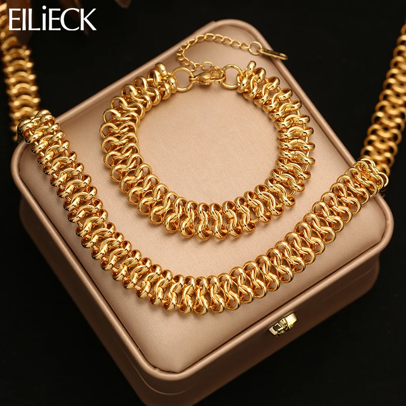 EILIECK 316L Stainless Steel Thick Chunky Chain Necklace Bracelet Set For Women Statement Hip-Hop Punk Waterproof Jewelry Set