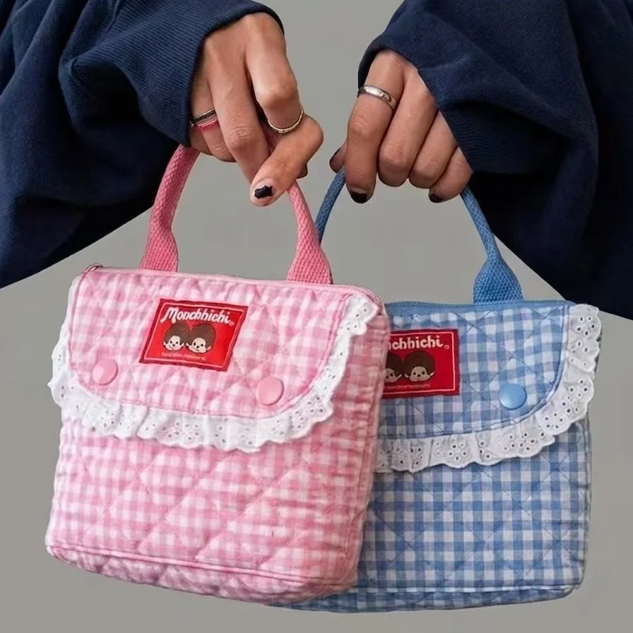 Vintage plaid Munchki cartoon hand-held makeup bag made of cotton and lace, convenient for storing miscellaneous items, small ba